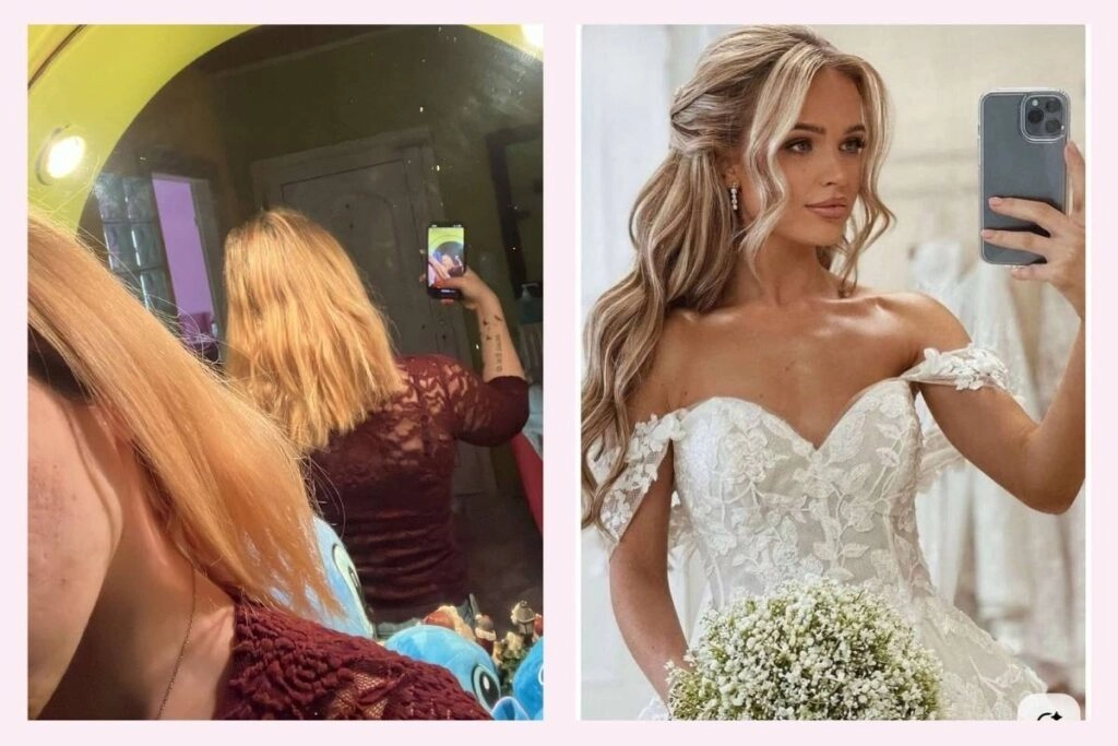 Pinterest vs Reality: Η αλήθεια για το νυφικό χτένισμα! 3 Πριν και μετά σε νυφικό χτένισμα – πραγματική φωτογραφία από καθρέφτη δίπλα σε Pinterest εικόνα νύφης με κυματιστά μαλλιά και δαντελένιο φόρεμα