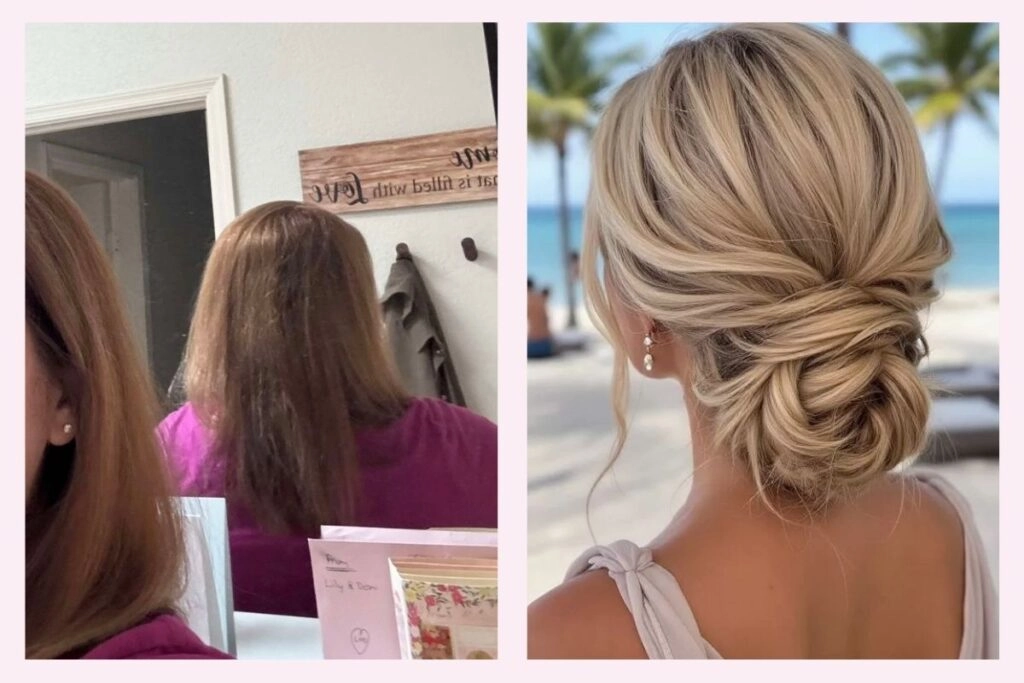 Pinterest vs Reality: Η αλήθεια για το νυφικό χτένισμα! 2 Πριν και μετά σε νυφικό χτένισμα – πίσω όψη φυσικών μαλλιών σε καθρέφτη, δίπλα σε updo σε παραλία με Pinterest αισθητική