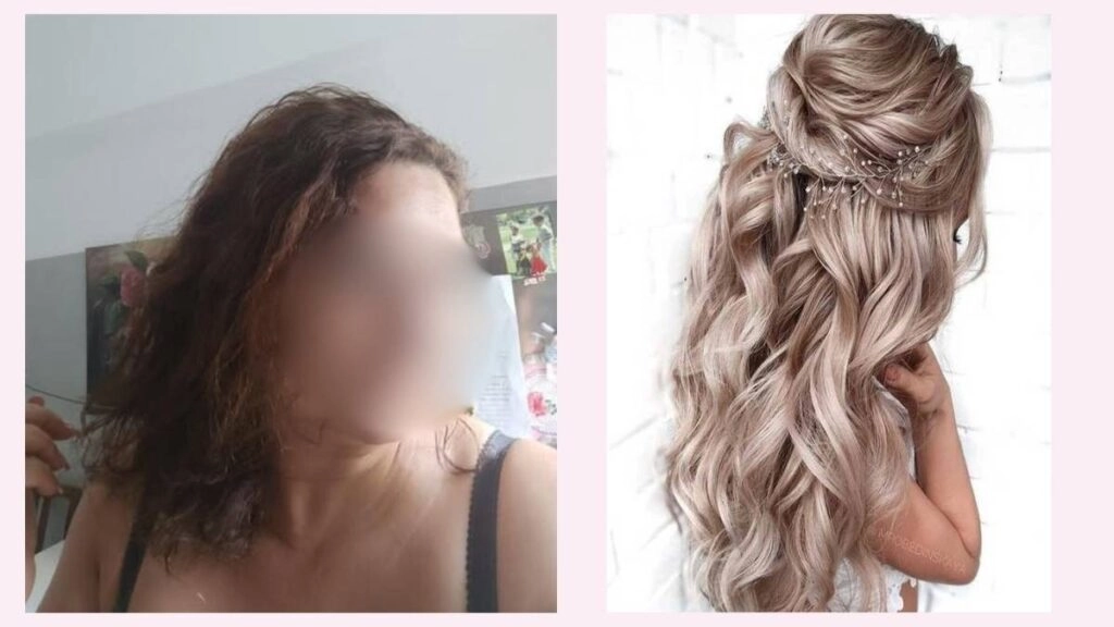 Pinterest vs Reality: Η αλήθεια για το νυφικό χτένισμα! 5 Πραγματική φωτογραφία γυναίκας με σγουρά φυσικά μαλλιά, δίπλα σε εντυπωσιακό νυφικό half-up χτένισμα με διακοσμητικά
