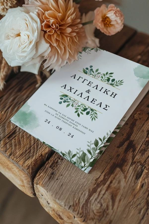 Γάμος 2025: 10+ τάσεις που θα λατρέψουν οι μέλλουσες νύφες 10 Ελληνικό προσκλητήριο γάμου με vintage σχέδιο και botanical λεπτομέρειες σε ξύλινη επιφάνεια με άνθη