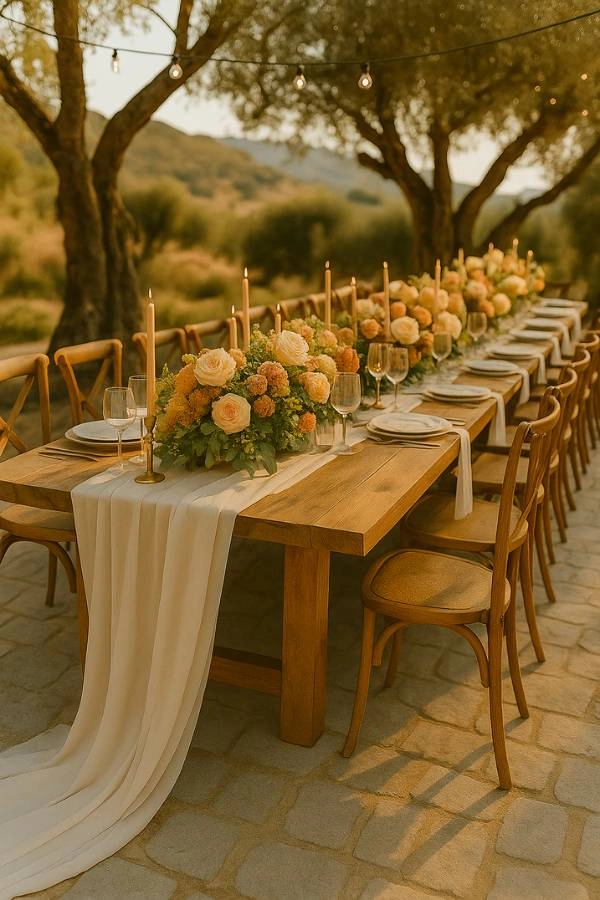 Γάμος 2025: 10+ τάσεις που θα λατρέψουν οι μέλλουσες νύφες 3 Ξύλινο τραπέζι γάμου με φυσικές συνθέσεις από λουλούδια και κεράκια, σε πλακόστρωτο χώρο κάτω από ελιές και φωτάκια