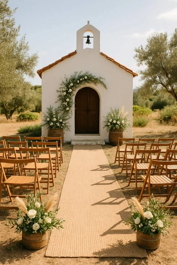 Γάμος 2025: 10+ τάσεις που θα λατρέψουν οι μέλλουσες νύφες 4 Τελετή γάμου έξω από λευκό παραδοσιακό εκκλησάκι με ξύλινα καθίσματα, λουλούδια και οικολογική αισθητική