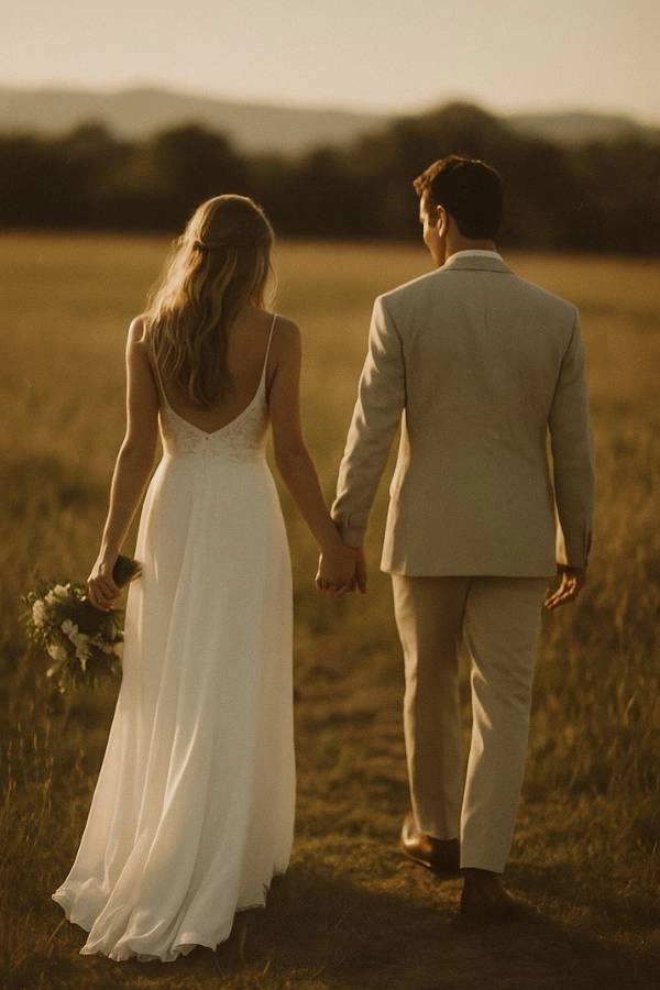 Γάμος 2025: 10+ τάσεις που θα λατρέψουν οι μέλλουσες νύφες 7 Νεόνυμφο ζευγάρι περπατά πιασμένο χέρι-χέρι σε λιβάδι κατά τη δύση του ήλιου, με ρετρό αισθητική και ελαφρώς θολά περιγράμματα