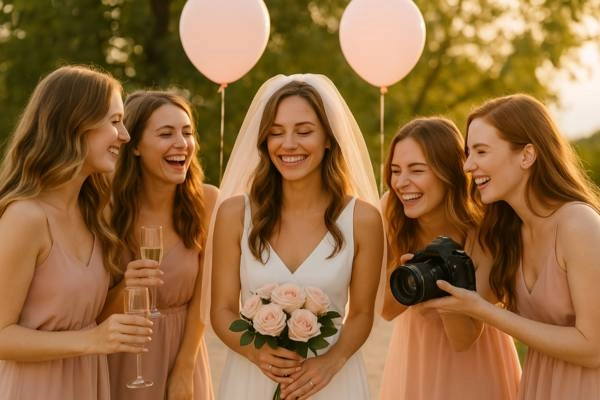 Η νύφη ποζάρει με τις φίλες της σε εξωτερική φωτογράφιση για το bachelorette, κρατώντας λουλούδια, με ροζ φορέματα και μπαλόνια στο φόντο.