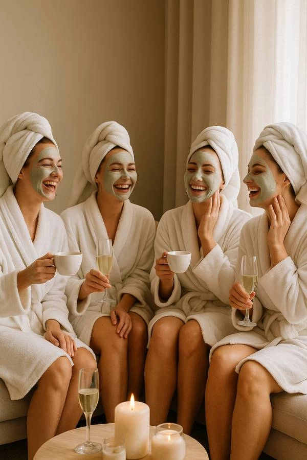 Φίλες απολαμβάνουν spa bachelorette με μάσκες προσώπου, λευκά μπουρνούζια, ποτήρια σαμπάνιας και ρεαλιστική ατμόσφαιρα χαλάρωσης.