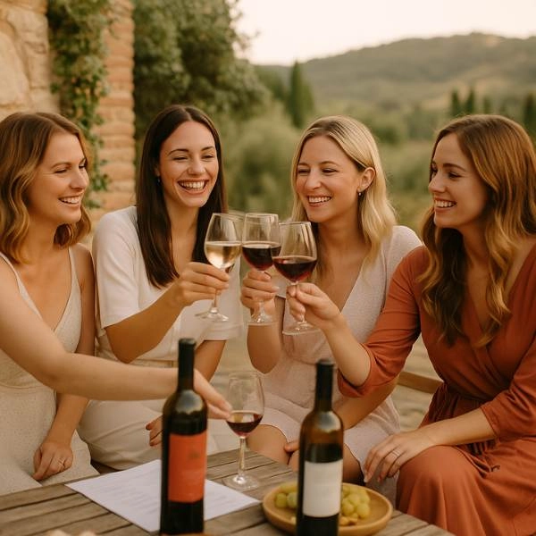 Παρέα γυναικών σε bachelorette party απολαμβάνει γευσιγνωσία κρασιών σε υπαίθριο χώρο, με ποτήρια κόκκινου και λευκού κρασιού και θέα τοπίο με ελιές.