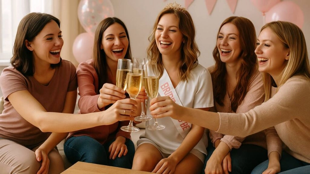 Παρέα γυναικών γιορτάζει με σαμπάνια και χαμόγελα σε bachelorette party στο σπίτι – ιδέες για bachelorette.