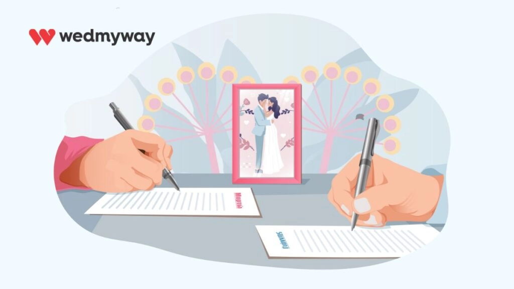 Ζευγάρι συμπληρώνει λίστα καλεσμένων γάμου με φόντο φωτογραφία γάμου και λογότυπο WedMyWay