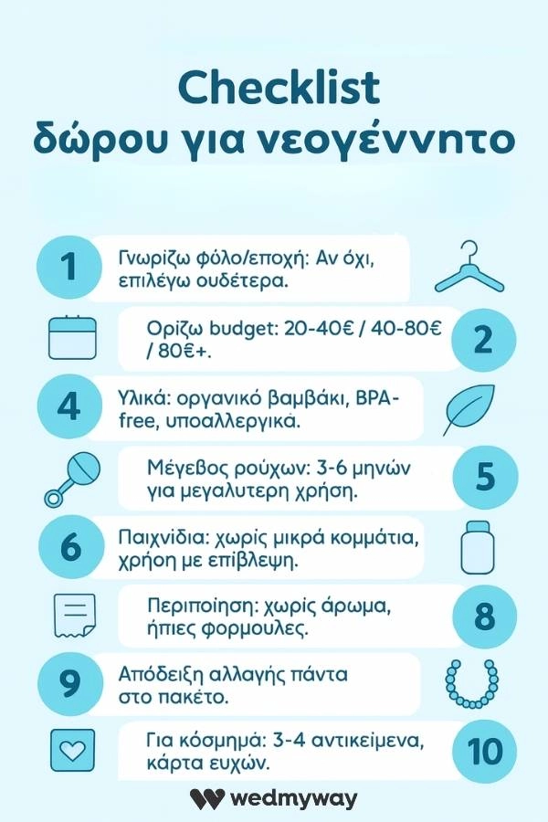 Checklist δώρων για νεογέννητα. Γρήγορη λίστα αγορών με υλικά, μεγέθη, budget και βασικές σημειώσεις ασφάλειας.