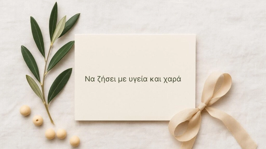 Ευχές για βάπτιση. Κάρτα βάπτισης σε λευκό λινό με κλαδί ελιάς και κορδέλα