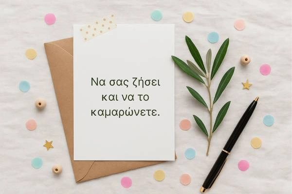 Κενή κάρτα πάνω σε φάκελο kraft με κλαδί ελιάς, μαύρο στυλό και παστέλ κονφετί, σύντομες ευχές για κάρτα βάπτισης