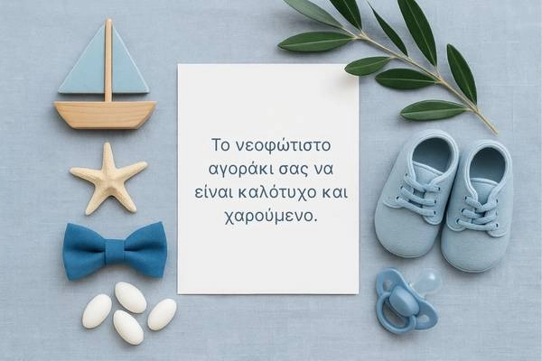 Κάρτα σε γαλάζιο ύφασμα με ξύλινο καραβάκι, παπιγιόν, παπουτσάκια και πιπίλα, ευχές για βάπτιση αγοριού