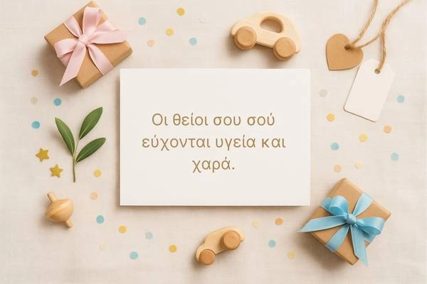 Κάρτα με δώρα kraft, παστέλ κορδέλες, ξύλινο αυτοκινητάκι και κονφετί, ευχές για βάπτιση από θείους