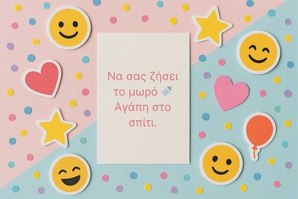Κενή κάρτα σε παστέλ φόντο με χαμογελαστά emoji καρδιές και αστέρια, ευχές για βάπτιση με emoji