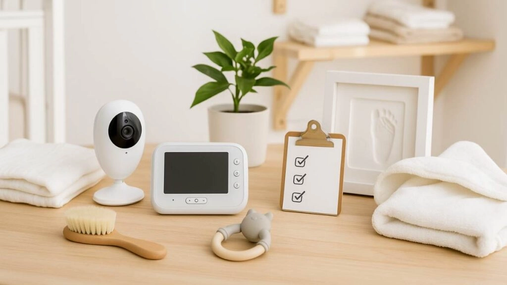 Βασικά είδη βρεφικής φροντίδας δίπλα σε σημειωματάριο: ενδοεπικοινωνία, θερμόμετρο, μουσελίνα, βούρτσα και φορμάκια