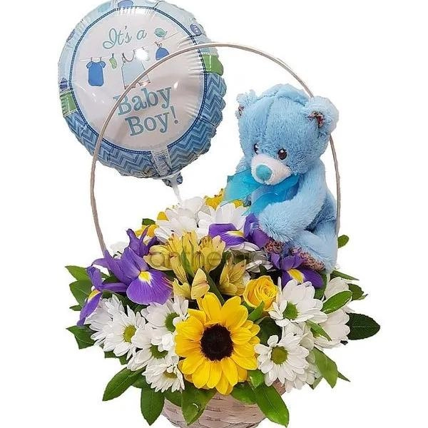 Καλάθι δώρου με λουλούδια, αρκουδάκι & μπαλονάκι
        loading=