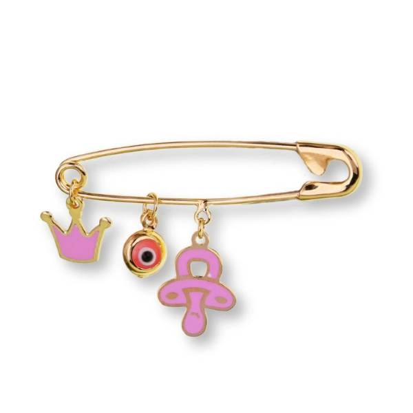 Κομψή παιδική παραμάνα από επιχρυσωμένο ασήμι 925 με κρεμαστά στοιχεία πιπίλα, κορώνα και ματάκι.