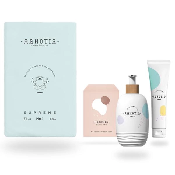 Σετ πρώτων ημερών με πάνες No1 (2–5 kg), σαμπουάν-αφρόλουτρο 400 ml, κρέμα αλλαγής 150 ml και 30 επιθέματα στήθους.