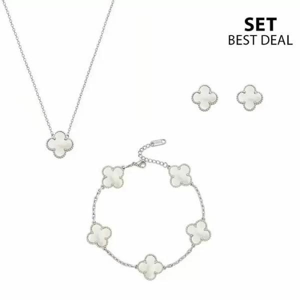 Χειροποίητο σετ κολιέ, βραχιολιού και σκουλαρικιών από ανοξείδωτο ατσάλι με μοτίβο λουλουδιού Clover διπλής όψης. 
        loading=