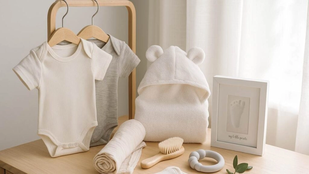 Ρεαλιστική σύνθεση με τα καλύτερα δώρα για νεογέννητα: οργανικά φορμάκια, μουσελίνας, σετ περιποίησης, κουδουνίστρα και κορνίζα αποτυπώματος σε ξύλινη επιφάνεια.