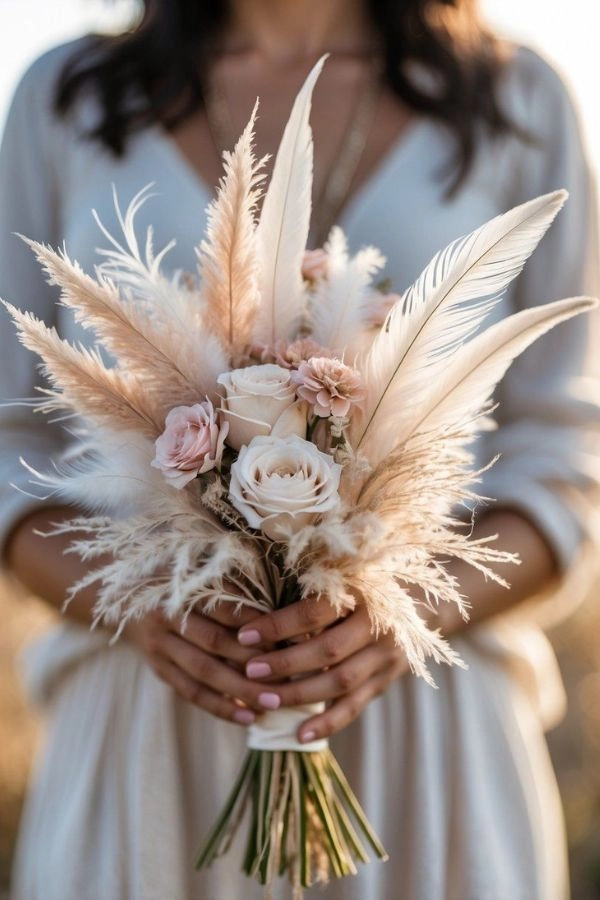 Boho ανθοδέσμη γάμου με pampas grass, φτερά και λουλούδια σε απαλές αποχρώσεις ροζ και εκρού, σε φυσικό και ρομαντικό ύφος.