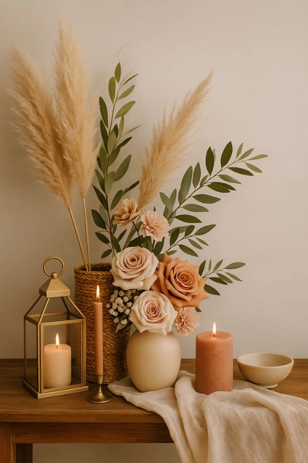 Σύνθεση boho με pampas, τριαντάφυλλα σε κρεμ και τερακότα, πράσινο ελιάς, λινό ύφασμα, ψάθινο καλάθι, φανάρι και κεράκια σε γήινους τόνους.