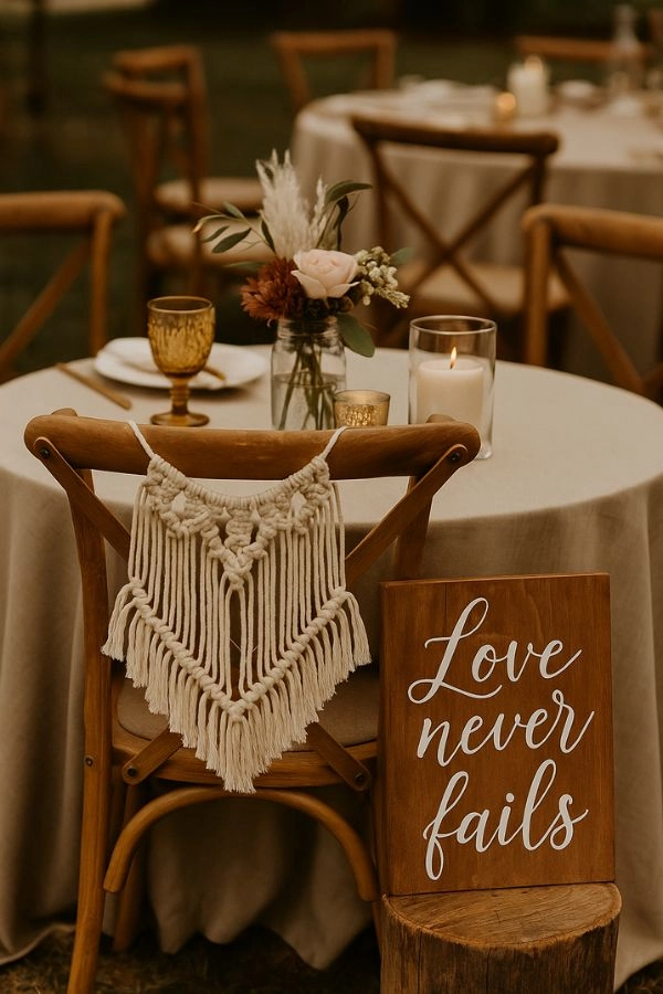 Ξύλινη καρέκλα με μακραμέ διακόσμηση, δίπλα ξύλινη ταμπέλα και τραπέζι με κεράκια, χρωματιστό ποτήρι και μικρή ανθοδέσμη σε boho ύφος.