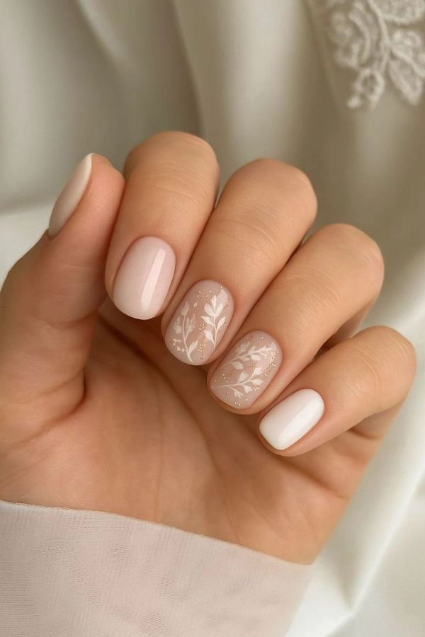 Νύχια για γάμο: Ιδέες για καλεσμένη κουμπάρα και πεθερά 8 Κοντινό σε νύχια καλεσμένης για γάμο με απαλό ροζ μανικιούρ και λευκό φυτικό σχέδιο σε δύο νύχια, σε φυσικό φως και ουδέτερο φόντο.