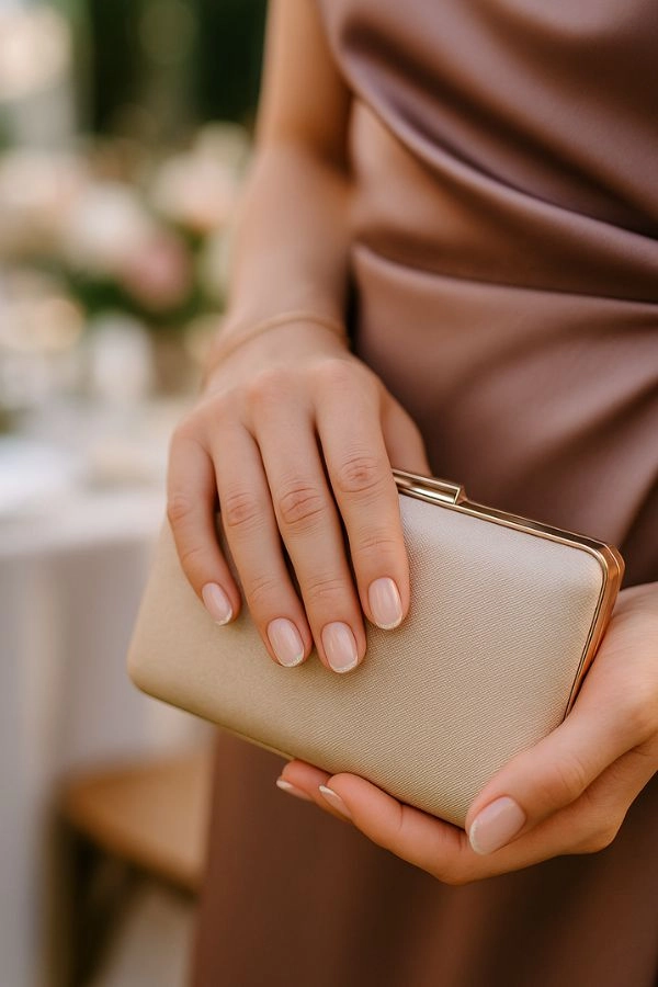 Νύχια για γάμο: Ιδέες για καλεσμένη κουμπάρα και πεθερά 3 Κοντό nude milky γαλλικό μανικιούρ σε καλεσμένη γάμου που κρατά σαμπανί clutch σε φόντο δεξίωσης, κομψό και διακριτικό.