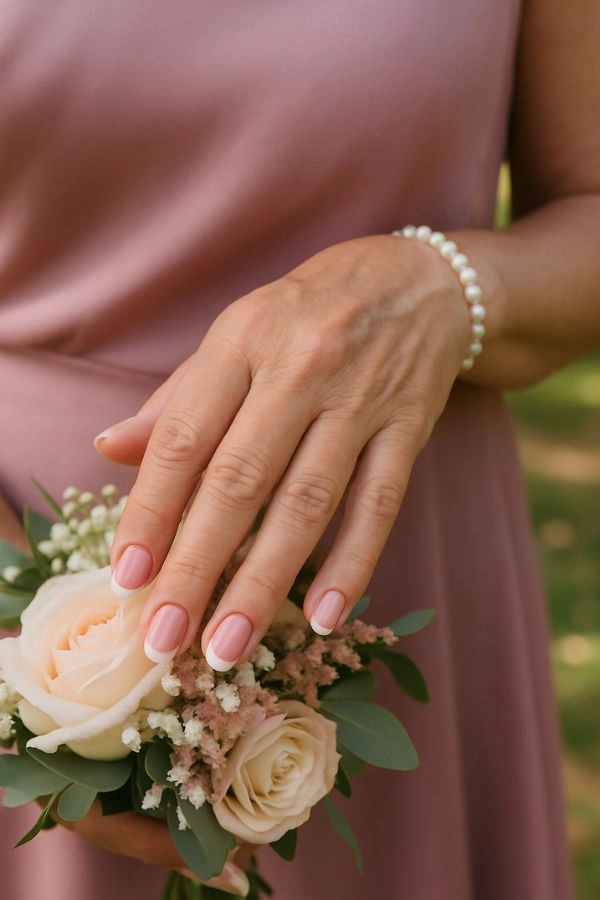 Νύχια για γάμο: Ιδέες για καλεσμένη κουμπάρα και πεθερά 7 Κοντινό σε χέρι μαμάς νύφης με κομψό dusty rose γαλλικό μανικιούρ και λεπτή λευκή γραμμή, φυσική υφή δέρματος, μαργαριταρένιο βραχιόλι και ρομαντικό φόντο δεξίωσης.