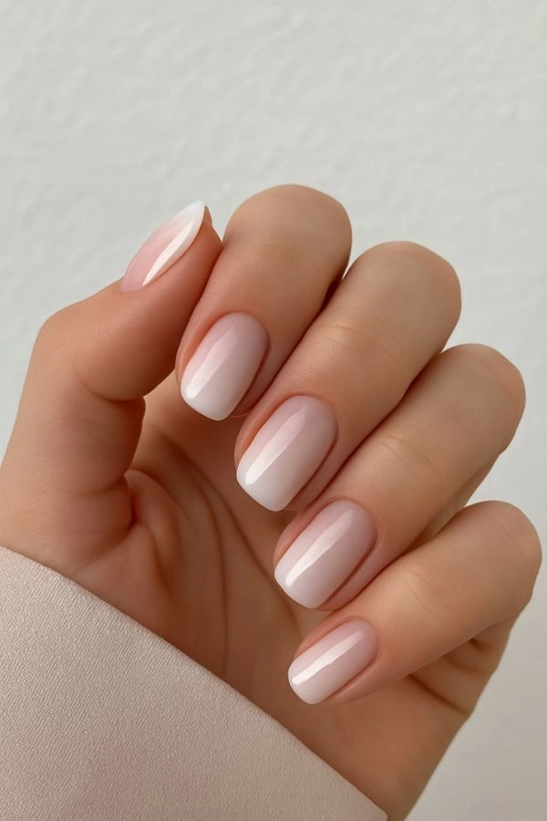 Νύχια για γάμο: Ιδέες για καλεσμένη κουμπάρα και πεθερά 13 Κοντινό σε χέρι καλεσμένης με ombre milky μανικιούρ ροζ προς λευκό, μεσαίο μήκος και ουδέτερο φόντο, κομψή επιλογή για γάμο.