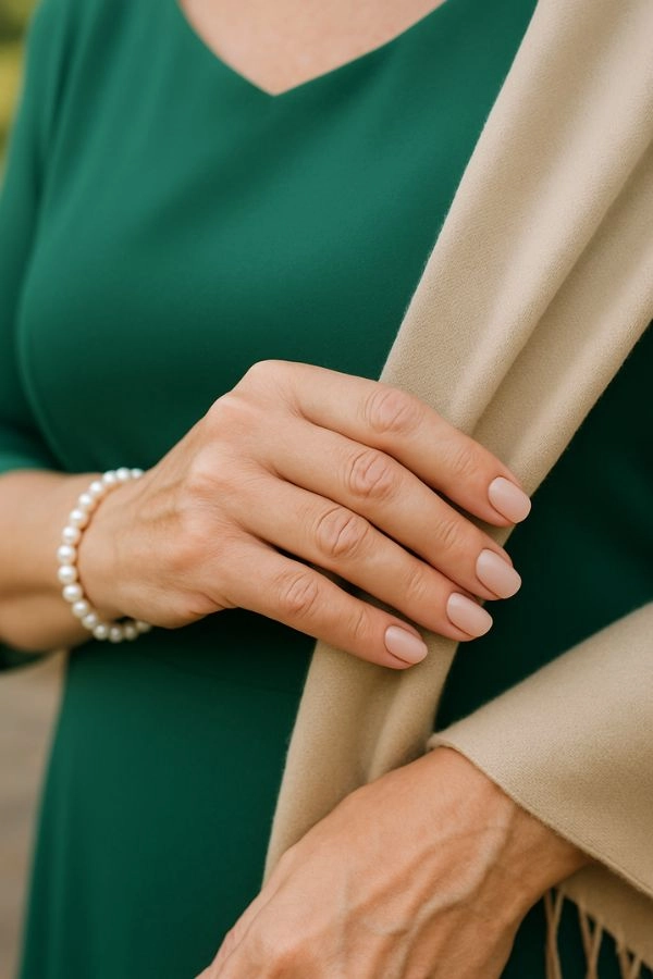 Νύχια για γάμο: Ιδέες για καλεσμένη κουμπάρα και πεθερά 5 Κοντινό σε χέρι ώριμης γυναίκας που ρίχνει μπεζ εσάρπα στον ώμο, με πράσινο φόρεμα και κοντό στρογγυλό nude μανικιούρ, μαργαριταρένιο βραχιόλι, κομψό look γάμου.