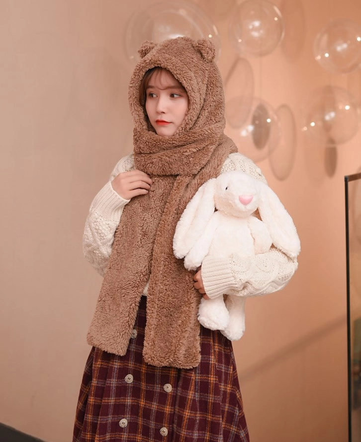マフラー・ストール TATIANA [Wearing New Jeans Hyein] Red grid check soft lambs Brown Bear Ears Winter Scarf Hat | Jennie - BlackPink