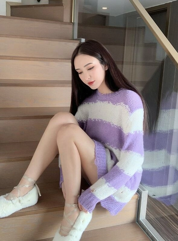 Lilac And White Striped Sweater With Holes | Jungkook - BTS