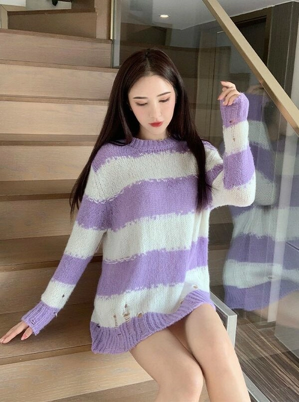 Lilac And White Striped Sweater With Holes | Jungkook - BTS