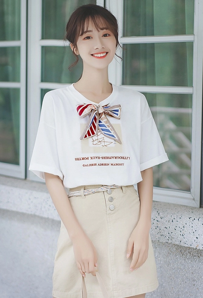 ◇typeservice◇ Front Slit Ribbon TShirt Off White Women's T-Shirts Red White Bow Crewneck Cotton Tee Short