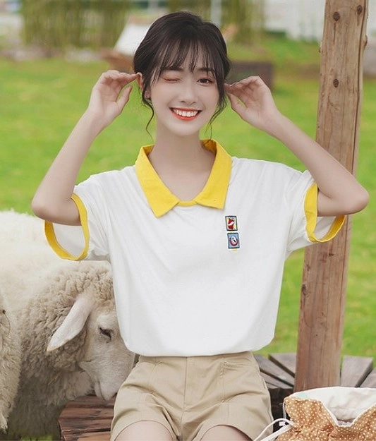 White Loose Polo Shirt With Embroidery - Fashion Chingu