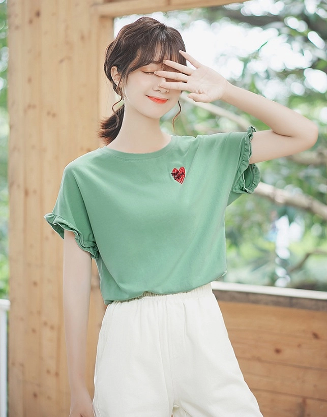 Green Shirred Short Sleeved T-Shirt With Heart Print