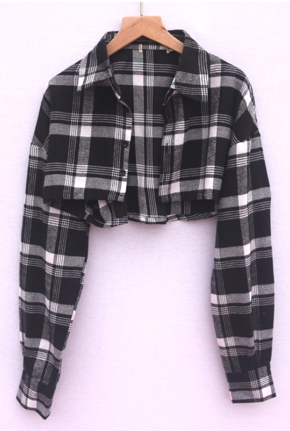 Y's HAND PAINTED PLAID PRINT CROPPED T 黒 Checkered Crop Top