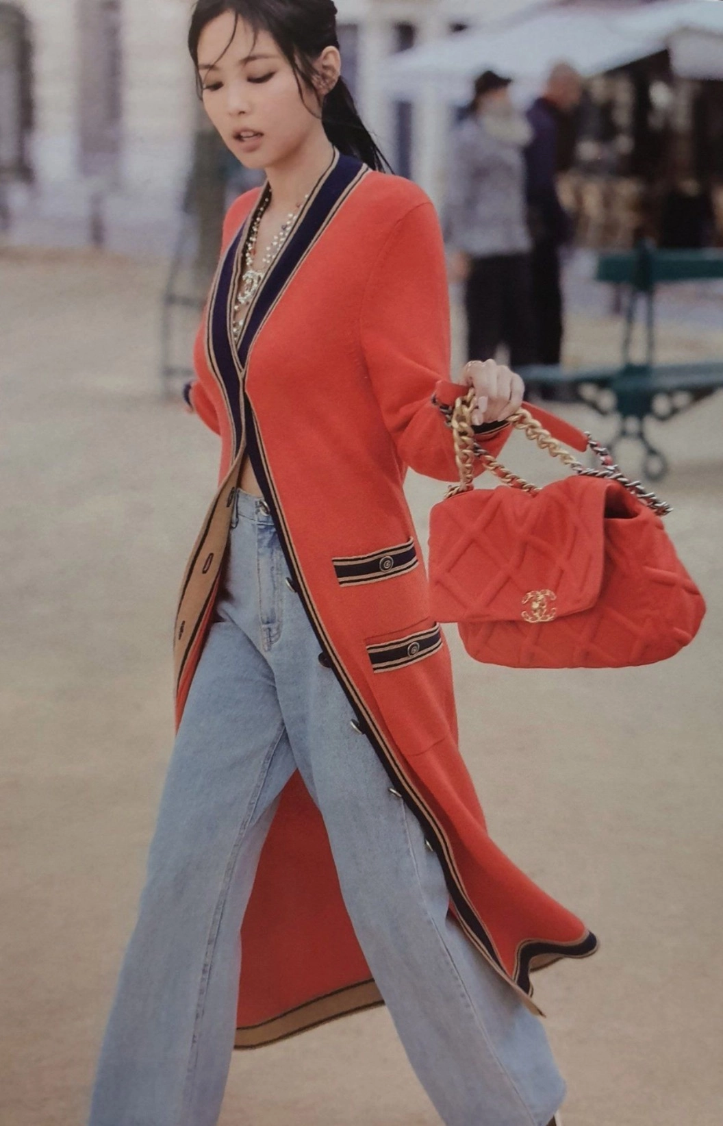 Red Long Cardigan With Black Tape Edging | Jennie - Blackpink