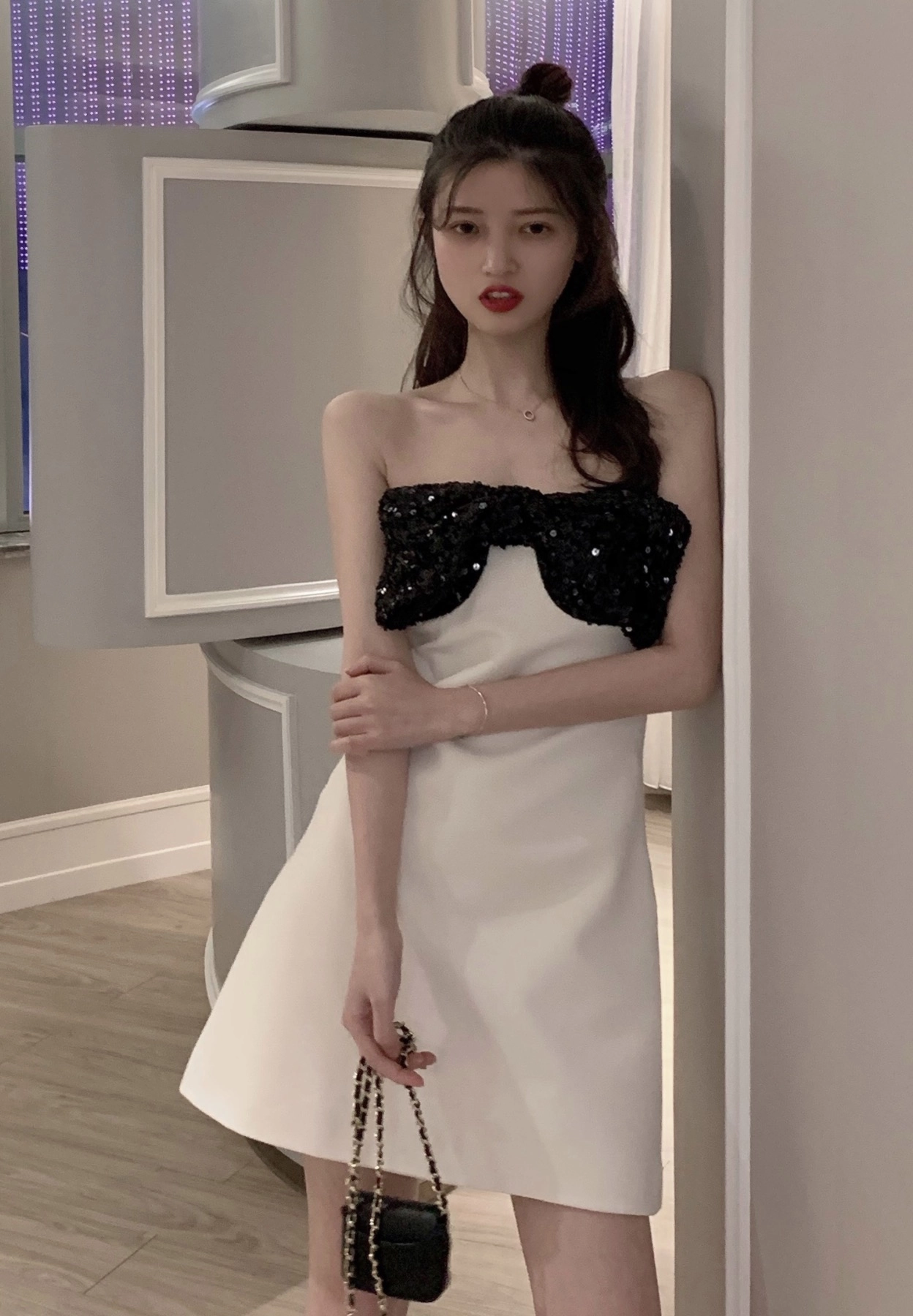Black Sequined Chest Bow Mini Dress | Jennie - Blackpink