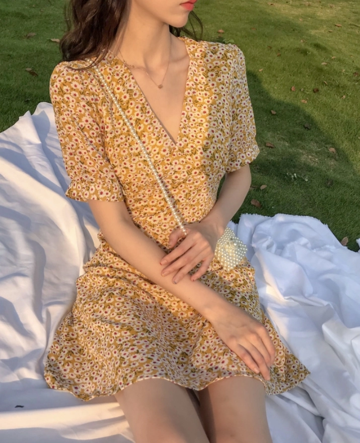 Yellow Sweet Floral Chiffon Dress | Jisoo- BlackPink