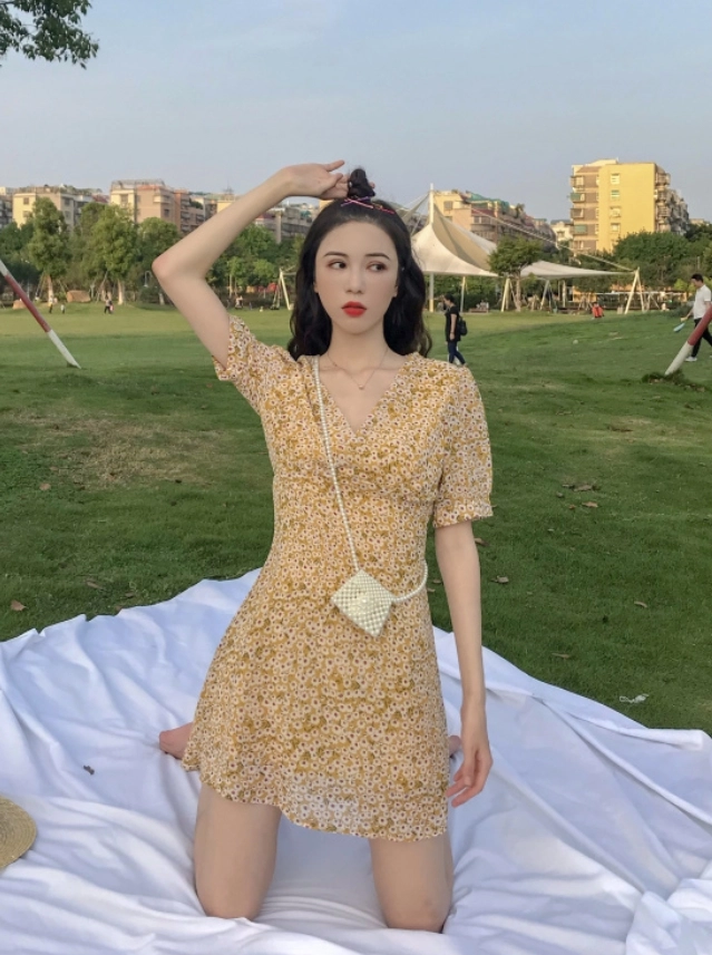 Yellow Sweet Floral Chiffon Dress | Jisoo- BlackPink