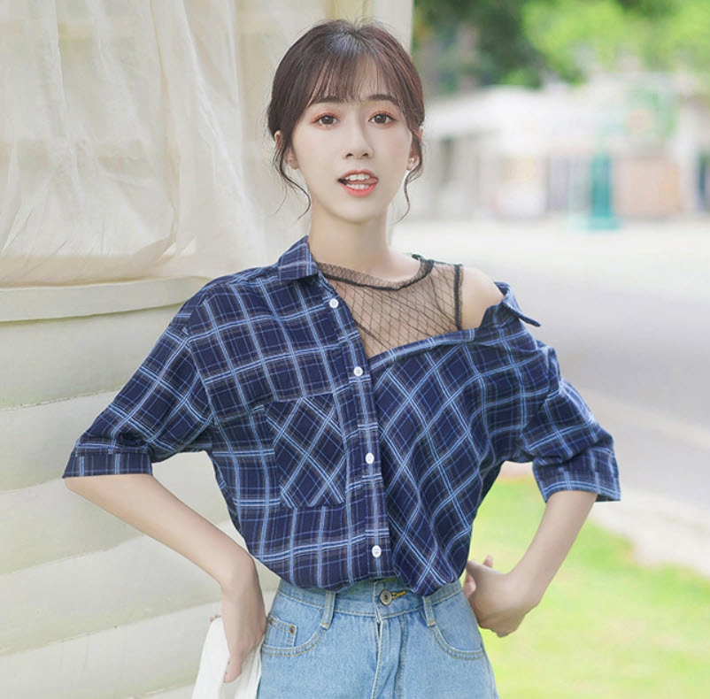Blue One Side Mesh Off Shoulder Plaid Shirt - Fashion Chingu
