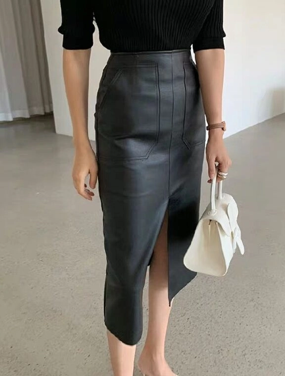 Black Leather Skirt With Front Slit | Hwasa - Mamamoo