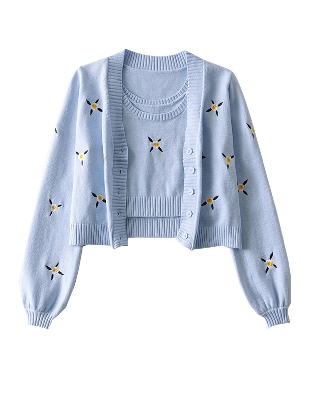 Blue Knitted Top And Cardigan Set | Jennie - BlackPink - Fashion