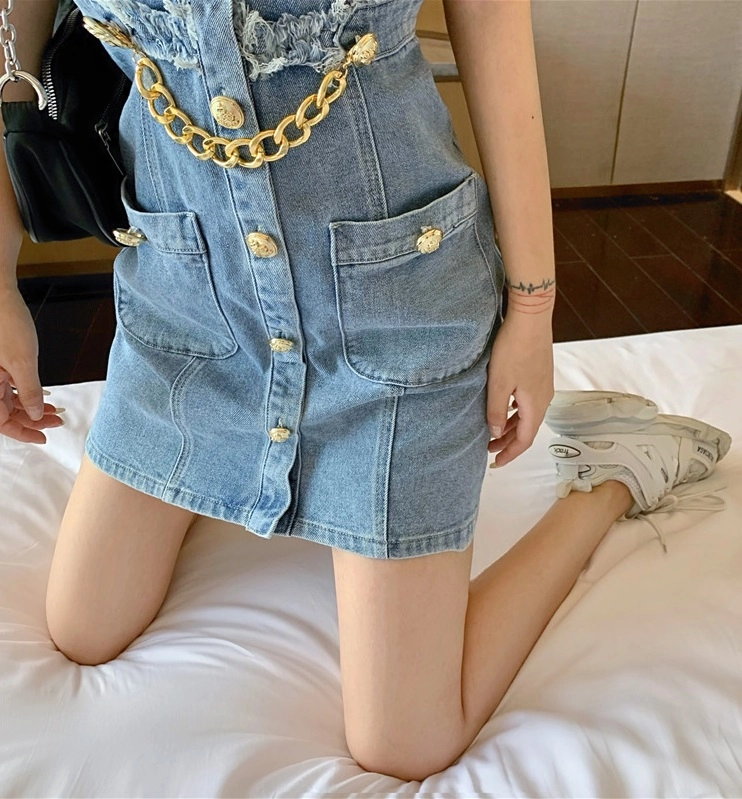Blue Halter Neck Denim Dress With Chain | Tzuyu - Twice
