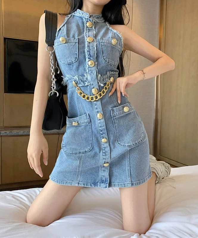 ワンピース Blue tweed papillon chain flare dress Blue tweed papillon chain flare dress M
