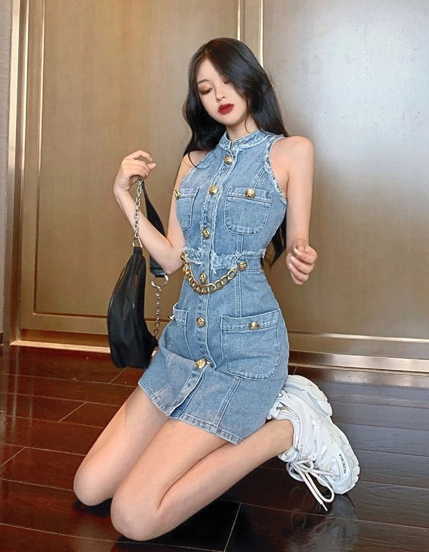 ワンピース Blue tweed papillon chain flare dress Caribbean 2 Mini Dress - Tsuru