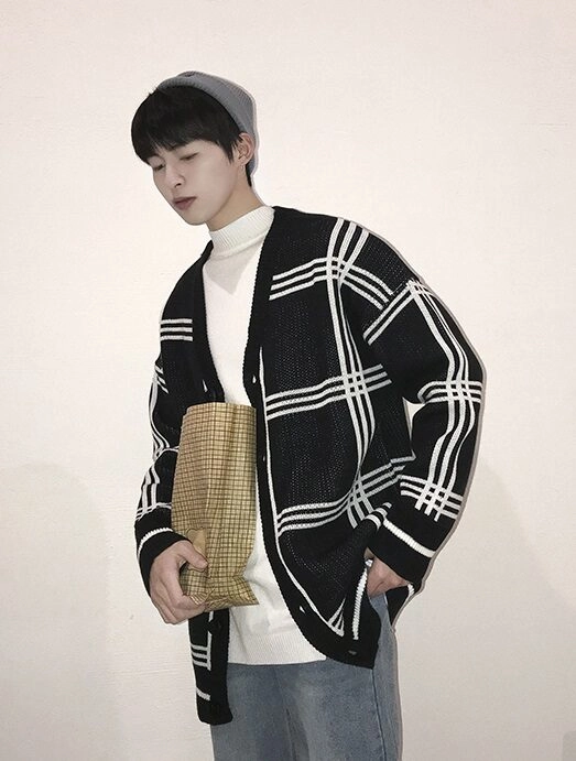 Beige Plaid Knitted Cardigan | Mingyu - Seventeen - Fashion